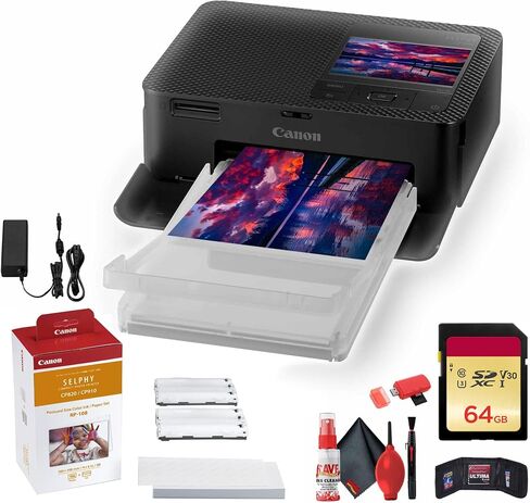 Canon Selphy CP1500 Photo Photo Photo (Black) (5539C001) KP-108in Color Ink and Paper Set + 64GB Ultra Memory Card + Cleaning Kit + Memory Card Wallet + Card Card in Kuwait