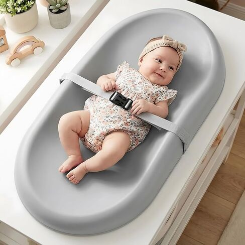 Wipe-Clean Baby Changing Pad, Waterproof Durable PU Pad, Soft & Non-Slip Safety Belt & Hanging Toys, Easy to Adjust & Removable Bar, Gray in Kuwait