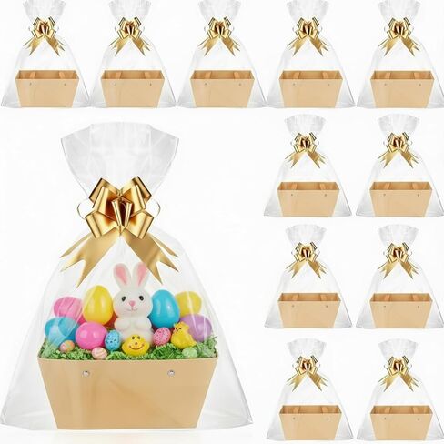 Colarr 12 Pcs Baskets for Gifts Empty to Fill with Handles Bulk Gift Bags 12 Bows Ribbons DIY for Wedding, Bridal Shower, Birthday, Thank You Wrapping Boxes, Party Favors(Gold) in Kuwait