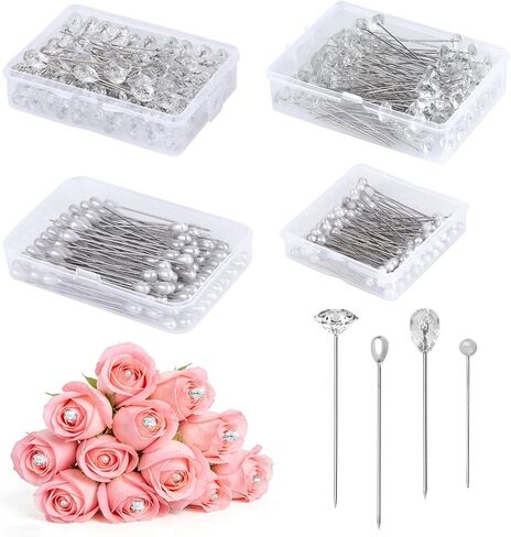 600 PCS Diamond Pins for Bouquets, 4 Styles Diamonds for Flower Bouquets, Diamond Pins for Flowers Pearl Pins Corsage Boutonniere Pins Wedding Bouquet Pins for Jewelry, Flower DIY Crafts in Kuwait