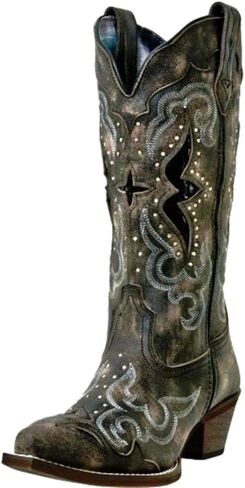 Laredo Womens Lucretia Tooled-Inlay Embroidery Studded Snip Toe Dress Boots Mid Calf Mid Heel 2-3" - Brown in Saudi Arabia