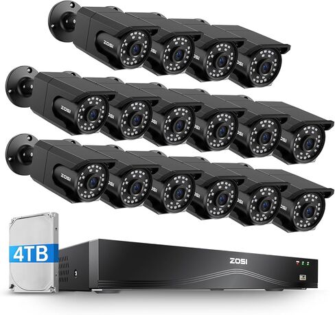 ZOSI 4K 16CH PoE Security Camera System, 16 x 8MP PoE Cameras Outdoor with Starlight Color Night Vision, Light Alarm, Human Detection, 4K 16CH H.265+ NVR (Expandable to 32CH), 4TB HDD for 24/7 Record in Saudi Arabia