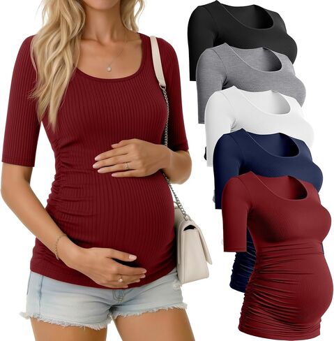 5 Pack Women's Cotton Ribbed Maternity Shirts Bulk, Half Sleeve Scoop Neck Multipack Side Ruched Pregnancy Tees in Kuwait