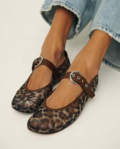 Leopard Mesh Mary Jane Ballet Flats for Women Slip On Round Toe Flats Women's Low Heel Ballerina Shoes Buckle Strap Casual Comfortable Dress Shoes in Kuwait