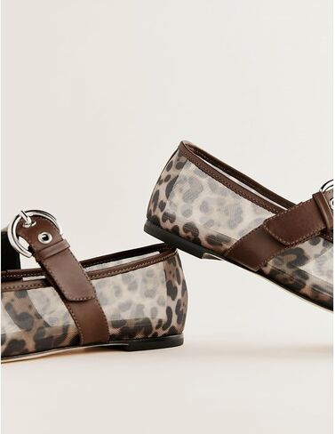 Leopard Mesh Mary Jane Ballet Flats for Women Slip On Round Toe Flats Women's Low Heel Ballerina Shoes Buckle Strap Casual Comfortable Dress Shoes in Kuwait