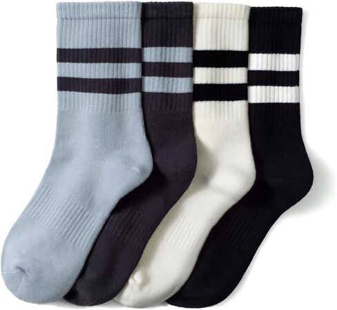 Women's Striped Crew Socks 4-Pack - Soft Cotton Athletic Ankle Socks for Running, Hiking, Casual, Office & School in Kuwait
