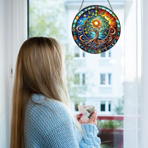 Tree of Life Stained Glass Window Hanging,7.87 Inch Sun Catcher Indoor Window Decorations Panel,Decor for Home,Garden,Festival,Mother’s Day,Housewarming Gift for Mom in Saudi Arabia