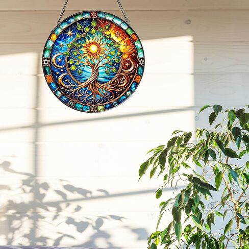 Tree of Life Stained Glass Window Hanging,7.87 Inch Sun Catcher Indoor Window Decorations Panel,Decor for Home,Garden,Festival,Mother’s Day,Housewarming Gift for Mom in Saudi Arabia