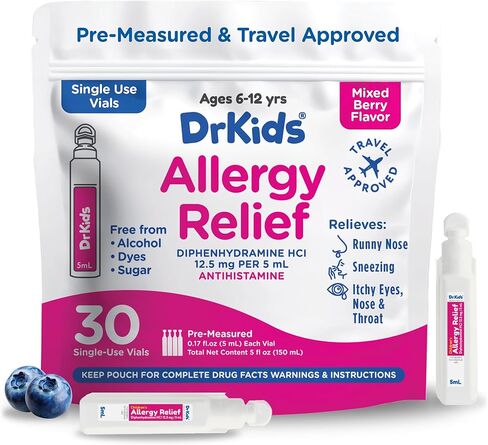 DrKids Children's Allergy Relief Medicine with Diphenhydramine - Pre-Measured Single-Use Vials, Kids Antihistamine for Sneezing, Runny Nose & Itchy Eyes, Mixed Berry Flavor, 24 Count (Pack of 1) in Kuwait