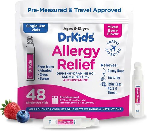 DrKids Children's Allergy Relief Medicine with Diphenhydramine - Pre-Measured Single-Use Vials, Kids Antihistamine for Sneezing, Runny Nose & Itchy Eyes, Mixed Berry Flavor, 24 Count (Pack of 1) in Kuwait