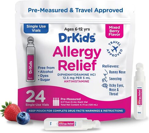 Drkids Drkids Children Medicine Allergy Witch with Diphenhydramine-قوارير ذات استخدام أحادية الاستخدام ، ومواصلة الأطفال مضادات الهيستامين للعطس ، وعيون الأنف والحكة ، ونكهة التوت المختلطة ، 24 (حزمة من 1) in Kuwait