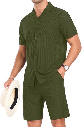PrinStory Mens Short Sleeve Outfits 2 Piece Summer Beach Button Down Shirts and Shorts Set Tracksuit with Pockets in Saudi Arabia