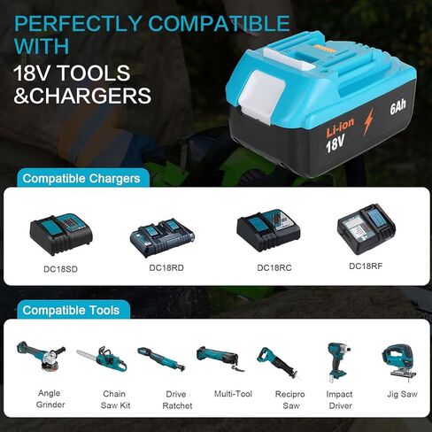 【2 عبوة】 18V 6.0AH استبدال لبطارية Makita BL1860B ، تصميم قذيفة زرقاء مع قبضة مضادة للانزلاق ، متوافق مع أدوات ماكيتا BL1820/1830B/1840B وشاحن ، 6000 مللي أمبير في الساعة كبنية عالية in Kuwait