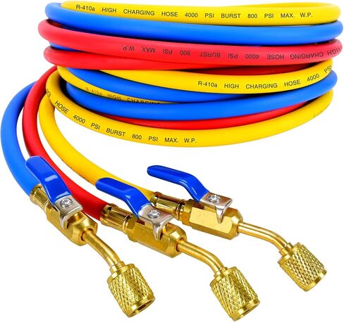 Upgraded 29988 Plus II 1/4" HVAC Hose, 8FT(96"), Compact Ball Valve Refrigerant Hose, Standard 1/4" Flare Fittings for Common Refrigerants such as R410a R134a R22, Red/Yellow/Blue (Pack of 3) in Kuwait