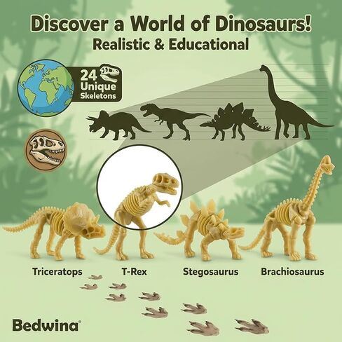 Bedwina Dinosaur Fossil Skeleton - (Pack of 24) 3.7 Inch Assorted Plastic Dino Figure Bones for Kids Science Dig Kit, Digging Sandbox Bins Play Toys, Party Favors, Birthday Decorations in Saudi Arabia