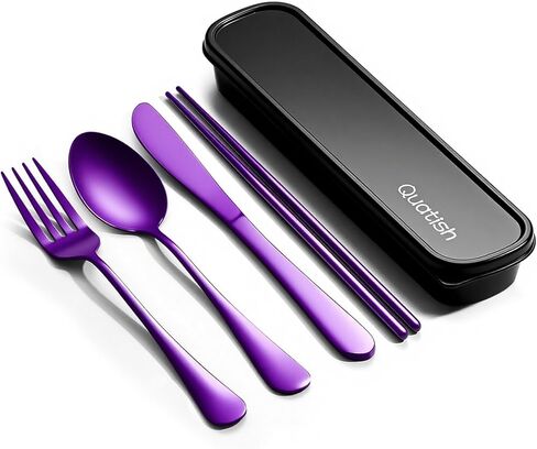 Travel Utensils with Case, Quatish 5 Piece Stainless Steel Silverware Set for Work, Portable Reusable Travel Cutlery Set, Fork and Spoon Set for Picnic, Camping, Gadgets, Lunch Box for Men, Black in Kuwait