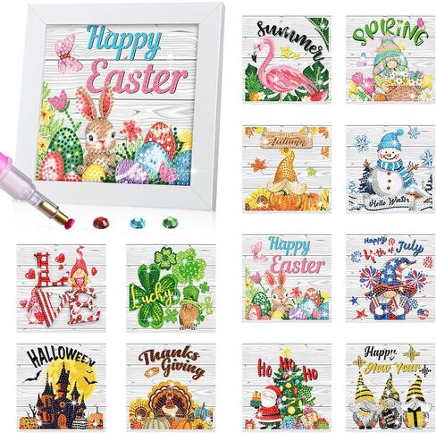 Trandraft 13 Pcs Interchangeable Seasonal Diamond Painting Kits Christmas Diamond Art Kits with Frame Seasonal Cute Cartoon Diamond Painting for Holiday Christmas Home Table Decor Art Craft Gifts in Kuwait