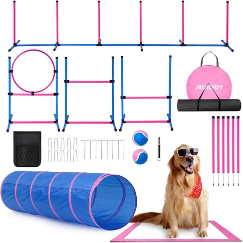 Dog Agility Course Backyard Set，Dog Agility Equipment, Dog Obstacle Course Backyard With 2-Set Agility Hurdle ，Jump Ring, 8 Weave Poles, Tunnel, Pause Box, Toy Balls And 2 Portable Carrying Bags in Saudi Arabia