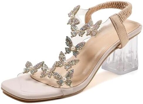 Lymphvity Women's Rhinestone Butterfly Clear Block Heel Sandals Open Toe Elastic Ankle Strap Chunky Heel Dress Shoes Square Toe Heels Party Wedding Sandal Shoes in Kuwait