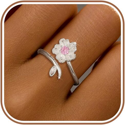 SUYACS S925 Sterling Silver Cherry Blossom Flower Rings for Women Lucky Pink Birthstone Leaf Adjustable Ring Cute Sweet CZ Crystal Open Engagement Statement Promise Ring Birthday Jewelry for Her in Saudi Arabia