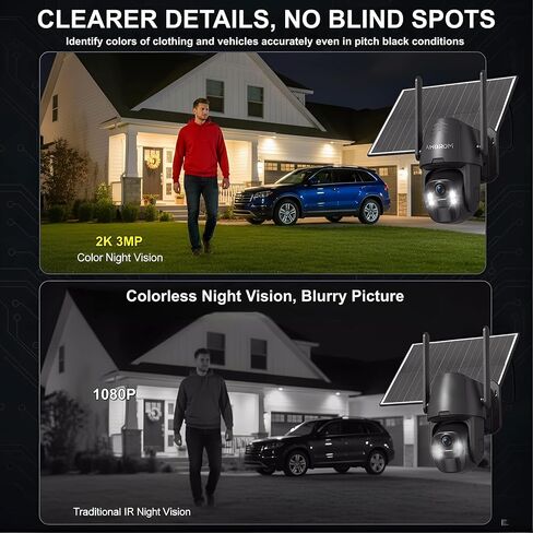 كاميرا أمان الطاقة الشمسية اللاسلكية في الهواء الطلق ، رؤية ليلية ملونة 2K 3MP ، اكتشاف حركة الذكاء الاصطناعي مع إنذار صفارات الإنذار ، IP66 مقاوم للعوامل الجوية ، WIFI 2.4 جيجا هرتز والتحكم الذكي للمنزل والشقة والمراقبة المكتبية in Kuwait