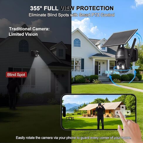 كاميرا أمان الطاقة الشمسية اللاسلكية في الهواء الطلق ، رؤية ليلية ملونة 2K 3MP ، اكتشاف حركة الذكاء الاصطناعي مع إنذار صفارات الإنذار ، IP66 مقاوم للعوامل الجوية ، WIFI 2.4 جيجا هرتز والتحكم الذكي للمنزل والشقة والمراقبة المكتبية in Kuwait