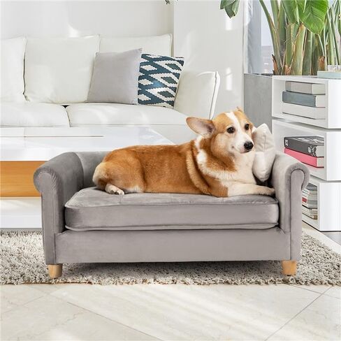 dCee Dog Sofa Bed for Medium Dogs of 70 Lbs, 33 in. Soft Velvety Dog Couch for Comfort Sleep and Joint Support, Light Grey in Saudi Arabia