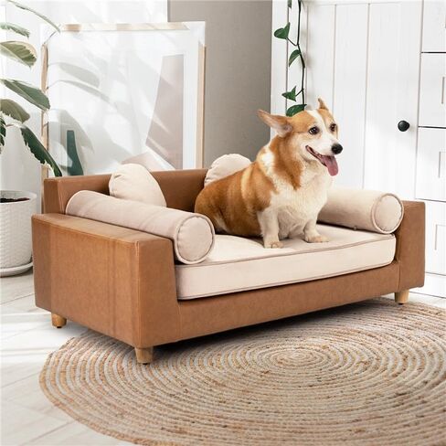 dCee Dog Sofa Bed for Medium Dogs of 70 Lbs, 33 in. Soft Velvety Dog Couch for Comfort Sleep and Joint Support, Light Grey in Saudi Arabia