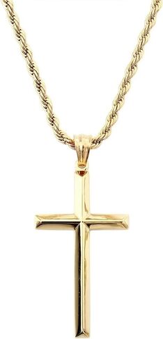 18K Gold Rope Chain Style Cross Pendant Necklace 3MM Cross Necklace Clasp for MEN, HUSBAND Thin for Charms Miami Cuban Link Diamond Cut Religious Beveled Edge in Kuwait
