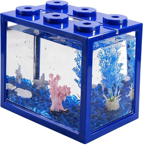 حوض أسماك بيتا صغير، طقم خزان حوض أسماك صغير مع زخارف من الحصى والراتنج الأزرق، وعاء سمك قابل للتكديس سعة 0.6 جالون، حوض سمك صغير لسطح المكتب لروبيان قرد البحر in Kuwait