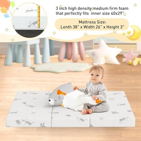 2 "Trifold 38" x26 "Mini Crib Crib Topper ، غطاء ناعم مقاوم للماء ، وسادة مرتبة صغيرة محمولة مع حقيبة حمل ، ورغوة ثابتة كثافة عالية الكثافة in Kuwait