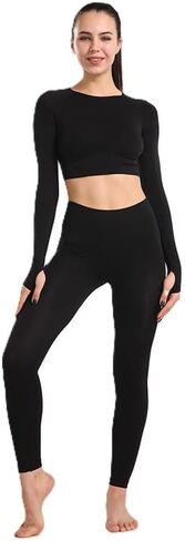 Women's Seamless Yoga Set, Gym Clothing Fitness Leggings+Cropped Shirts, Long Sleeve Tracksuit in Kuwait