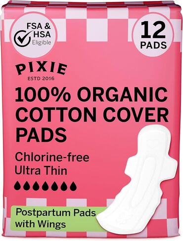 Pixie Organic Cotton Cotton Pads for Women - امتصاص ثقيل إضافي مع أجنحة - مقاومة للتسرب ، hypoallergenic وغير قابلة للسماد ، قابلة للتحلل - 12 عدد in Saudi Arabia