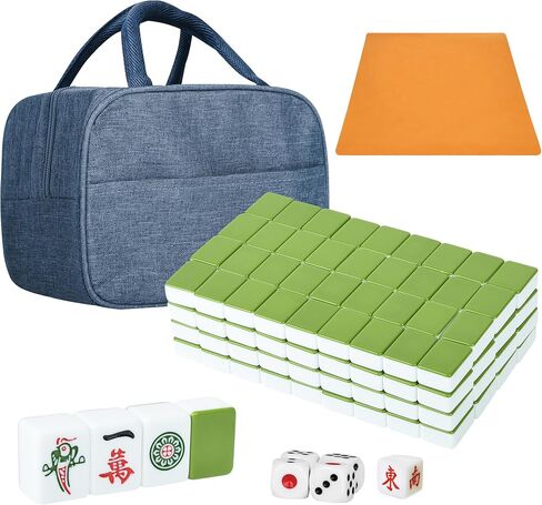 TWBTC Chinese Green Small Mahjong Tiles Set 144 + 2 Melamine Tiles 1.2"(30mm) Tile with Portable Travel Handbag Complete Mahjong Game Set - (Majiang,中国麻将) in Kuwait
