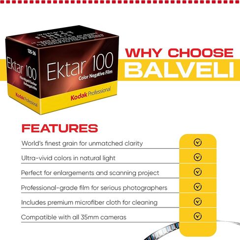 Kodak Ektar 100 35mm Film 4-Pack – ISO 100, 36 Exposure Color Film for 35mm Film Camera – Includes Balveli Premium Microfiber Cloth in Kuwait