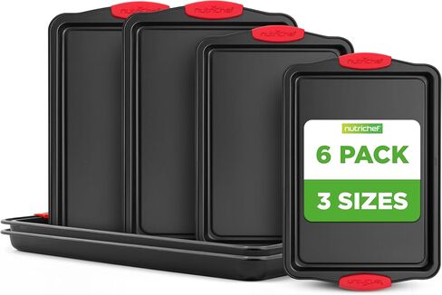 NutriChef Non-Stick Kitchen Oven Baking Pans-Deluxe & Stylish Nonstick Gray Coating Inside Outside, Commercial Grade Restaurant Quality Metal Bakeware with Red Silicone Handles NCSBS8S, 8 Piece Set in Kuwait