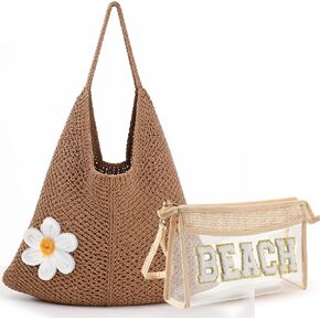 Aliceset 2 Pack Crochet Mesh Beach Tote Bag with Letter Patch Pocket Summer Beach Tote Bohemian Straw Transparent Bag in Kuwait