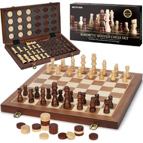 2 in 1 Magnetic Wooden Chess and Checkers Board Game Set, 15" Folding Chess Boards with 2 Extra Queens, Portable Travel Chess Sets with Pieces Storage Slots, Beginner Chess Game Set for Kids, Adults in Kuwait