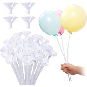 Pllieay 50 Pieces Plastic White Balloon Sticks with Cups for Party, Valentine's Day, Wedding, Anniversary Decoration in Kuwait