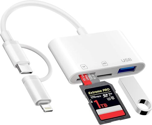 SD Card Reader for iPhone iPad Mac Dual Connector, USB C Memory Card Reader, SD Card Adapter to iPhone Support SD/Micro SD/USB-A 3 Slot, Digital Camera Card Viewer to iPhone, Plug and Play in Kuwait