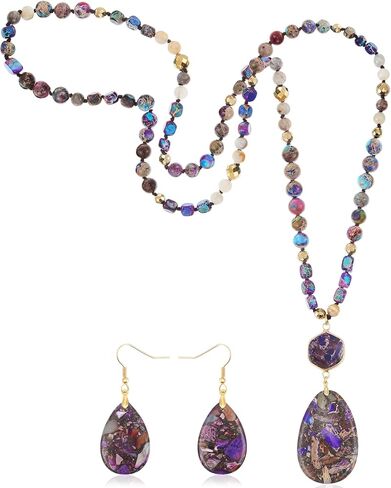 Turquoise Jewelry Set Turquoise Long Beaded Necklaces and Earrings for Women Boho Natural Stone Beaded Jewelry Bohemian Long Necklaces Handmade Vintage Oval Water Drop Earrings in Kuwait