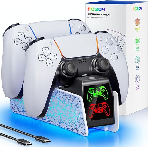 PS5 Charger Station w Fast Charging AC Adapter 【Extended Charging Cable】 Charging Dock Stand Compatible with PlayStation 5 Dualsense/Edge, Dual Charger PS5 Accessories with LED Indicator in Kuwait