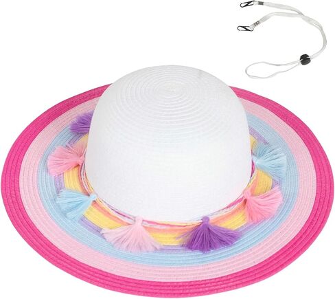 Pinksheep Girls Sun Hat ، قبعة شاطئ Straw Straw Summer لطيبة للأطفال مع أطفال قوس قزح عريض وشرابات - UPF 50+ in Saudi Arabia