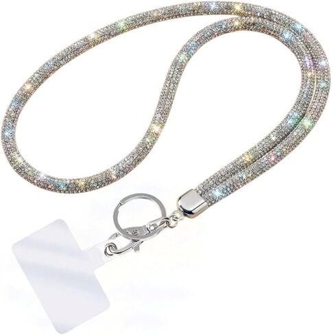 Fashion 34.8'' Sparkle All Round Strap Crystal Neck Lanyard,Exclusive Bling Work Name Card Holder,Rhinestone Cellphone Necklace ID Badge Reel Clip for Women,Bonus Cellphone Safety Tab(AB White,1PC) in Kuwait