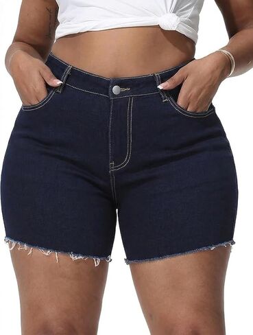 Women Plus Size Jean Shorts Stretchy High Waisted Frayed Raw Hem Denim Shorts 5.5" Inseam in Kuwait