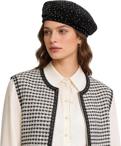 Women Shiny Rhinestone French Black Beret Hat Bling Bling Artist Causal Beanie Cap in Saudi Arabia