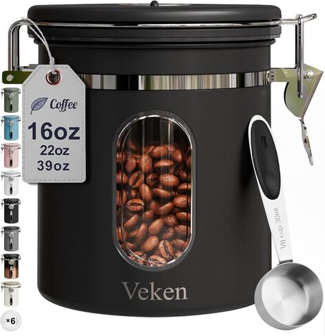 Veken Coffee Canister with Window, Sugar Jar Container with Lid, Scoop and Date Tracker, Air Tight Stainless Steel, Grounds Coffee Beans, Tea, Flour, Cereal, Home Kitchen Food Storage, 22OZ, Cream in Kuwait