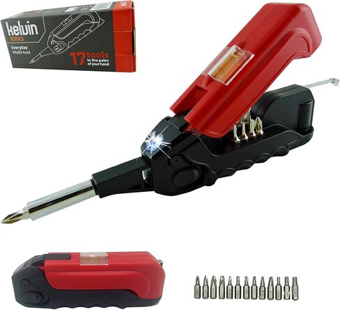 Kelvin Tools Kelvin 17 | The Palm-Sized Everyday Multi-Tool Set | 17 Integrated Tools: 13 Bit Screwdriver Set, Tape Measure, Liquid Level, Hammer, and Flashlight (Orange) in Kuwait