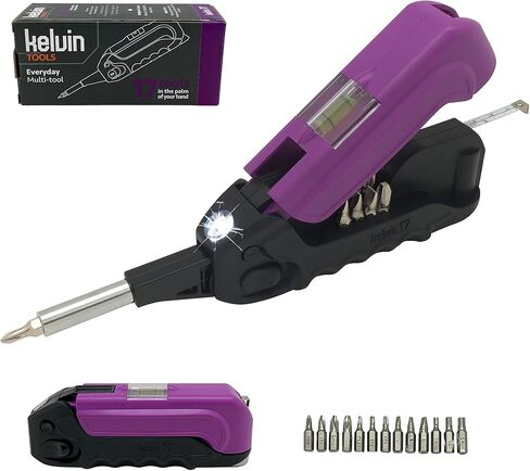 Kelvin Tools Kelvin 17 | The Palm-Sized Everyday Multi-Tool Set | 17 Integrated Tools: 13 Bit Screwdriver Set, Tape Measure, Liquid Level, Hammer, and Flashlight (Orange) in Kuwait