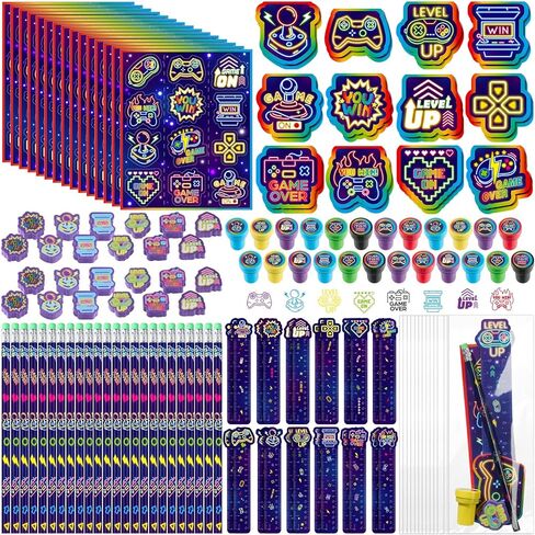 Cholemy 168 Pcs Video Game Party Favors Include Gaming Mini Notebook Gamer Birthday Sticker Pencil Stamper Ruler Eraser for Boy Teen Game Gifts Classroom Rewards Favor Party Supplies Decor in Kuwait